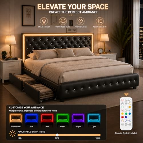 Queen Bed Frame with 4 Storage Drawers, LED Bed Frame with Remote Control Rhythm Sync Light, Adjustable Diamond Tufted Headboard, No Box Spring Needed, PU Black