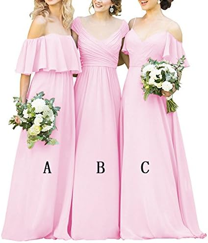 Women's Ruffles Chiffon Floor Length Bridesmaid Dresses Elegant Off the Shoulder Wedding Evening Gowns Pink-c US4