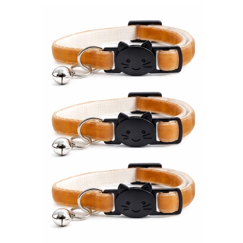 Velvet Cat Collars with Bell. Safe Breakaway Quick Release Buckle. Available in Cat & Kitten Size (Pack of 3) (Cat Collar (20cm - 30cm), Coffee Velvet (Pack of 3))