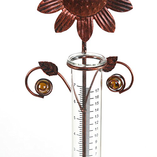 CEDAR HOME Rain Gauge Outdoor Garden Wireless Glass Brass Metal Tabletop Cute Professional Raingauge for Lawn Yard Patio Decor 8oz. by, 7" W x 6" D x 16" H, Copper Sunflower