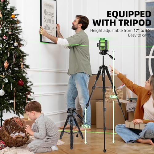 Huepar 3 x 360° Cross Line Laser with 127 cm Tripod, Laser Spirit Level Leveling Device Self-Levelling with Pulse Mode, for Indoor and Outdoor Use, Green Line Laser for Construction Projects and Renovation