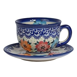 Traditional Polish Pottery, Handcrafted Ceramic Teacup and Saucer 210ml, Boleslawiec Style Pattern, F.101.BLUELACE