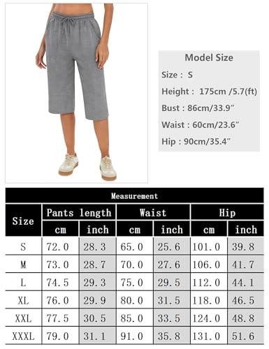 Crewhpo Women's 3/4 Capri Sports Trousers with Pockets Elastic Waist Drawstring Trousers Tracksuit Summer for Yoga Fitness Running Jogging