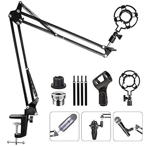Upgraded Adjustable Microphone Suspension Boom Scissor Arm Stand with Shock Mount Mic Clip Holder 3/8’’ to 5/8’’ Screw…