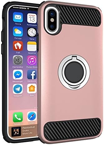 iPhone X Case, VeeDoo iPhone 10 Case 360 Rotating Metal Ring Grip Holder Stand Hybrid Shock Absorption Drop Protection TPU Case Compatible with Magnetic Car Mount Anti-Fingerprint Cover (Rose Gold)