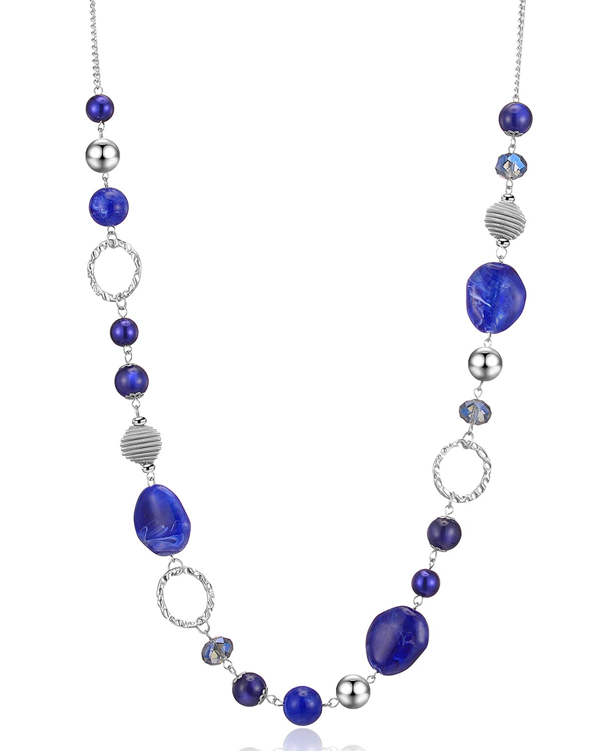 BULINLIN Long Beaded Silver Necklace for Her Crystal Bead Sweater Chain Fashion Jewelry Necklace Birthday Gifts for Women Mum (Royal Blue)