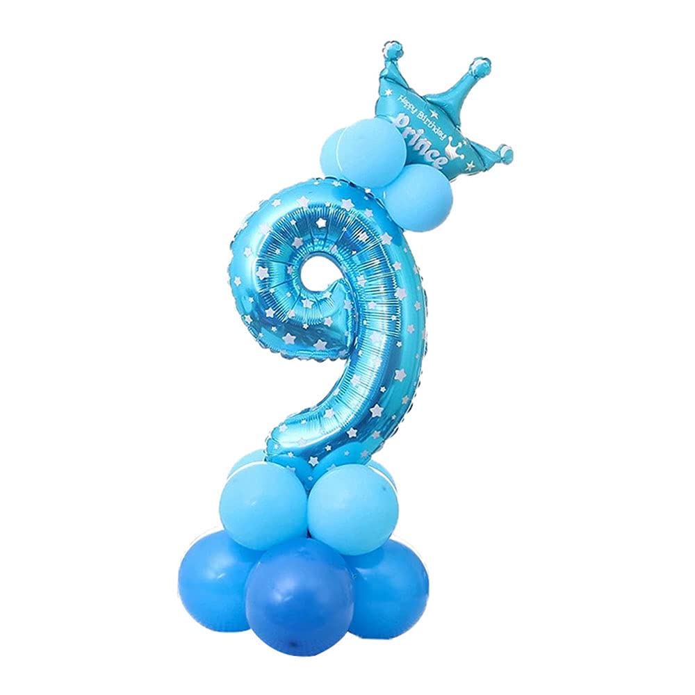 POFET All Numbers Letters Princess Prince Crown Foil Balloons Upright Column Set Birthday Party Decor - Blue 9