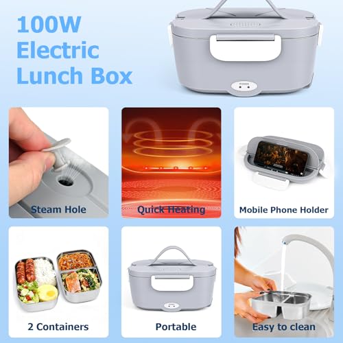 ZWOOS® 100W Scaldavivande Elettrico Portatile 12V 24V 220V Scalda Vivande Elettrico con Borsa Forchetta e Cucchiaio per Auto Camion e Ufficio Schiscetta Pranzo Riscaldabile 2 Contenitori Acciaio Inox