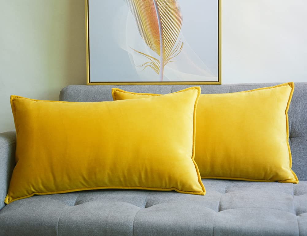 Lutanky Velvet Cushion Covers 30 x 50 cm Dark Yellow Decorative Rectangle Throw Pillow Covers (Pack of 2) Soft Oblong Piped Pillowcases for Sofa Bedroom with Invisible Zipper 12x20 Inch
