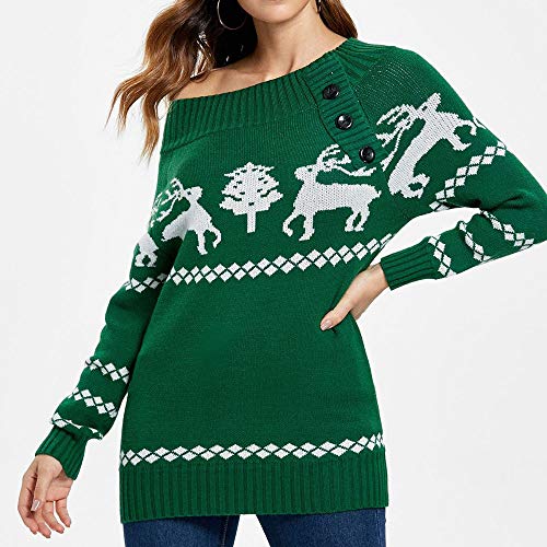 Women Off Shoulder Knitted Sweater Sweatshirt Christmas Tree Elk Print Pullovers Tops T-Shirt Dress Green