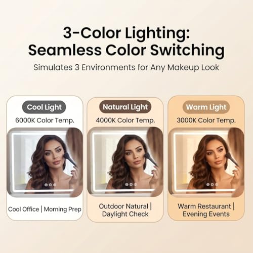 Vanity Mirror with Lights, 80 * 57CM Large Makeup Mirror with LED Lighted, Dressing Table Mirror with 3 Color Dimmable Lights, Touch Control, 5X Magnification for Wall & Desk Tabletop