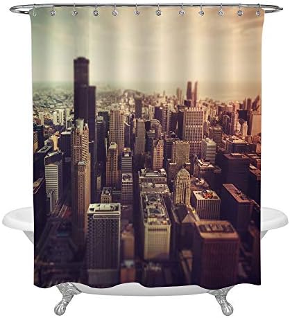 MitoVilla Chicago Downtown Aerial View Shower Curtain with Desaturated Colors, Modern City in Beautiful Colorful Sunset, Tilt Shift Effect Photo Bathroom Decor, Washable Fabric, 72 W x 78 L, Brown
