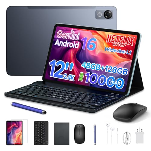 Luzglo P12 Tablet 12 Inch, Tablet Android 16, Gemini AI, 48GB RAM+128GB ROM/2TB TF, IPS 2.4K 120Hz Display, T7280 Octa-core, 10000mAh/18W, 5G WiFi/ 8MP+13MP/ GPS/Face ID/OTG, Tablets with Keyboard