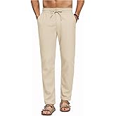 RQP Mens Linen Pants Drawstring Casual Pants Lightweight Stretch Beach Pants Baggy Dress Trousers