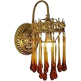 Vintage European Wall Sconce Bronze Iron Frame Light Fixture Amber Glass Drops Wall Lamp for Bedroom Living Room Hallway Beds