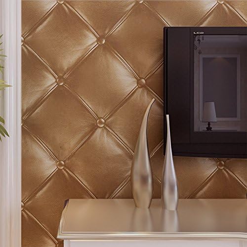 HANMERO Vintage 3D Faux Leather Textured Lattice Wallpaper Vinyl Wall Paper Mural 20.8" x 393.7" for Living Room TV Background Gold