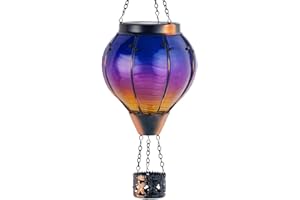 Starsoul Glass Solar Hot Air Balloon Flickering Flame Hanging Garden Light Purple Hot Air Balloon Solar Lantern with Large Basket Waterproof Hot Air Balloon Solar Lamp Decor