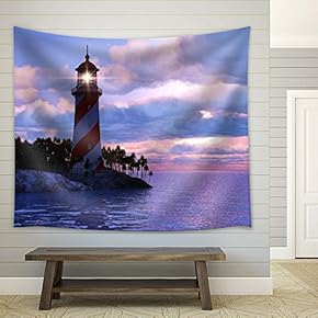 Lighthouse on an Island on The Tropical Sea - Fabric Tapestry, Home Decor - 51x60 inches