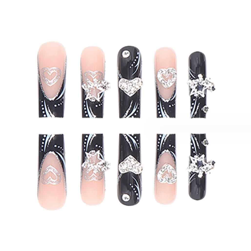 Foccna Press On Nails - Long Rhinestone Pink & Black Square Bling Glossy 3D Flower False Nails - 24pcs (Long Nails 2) - Image 3