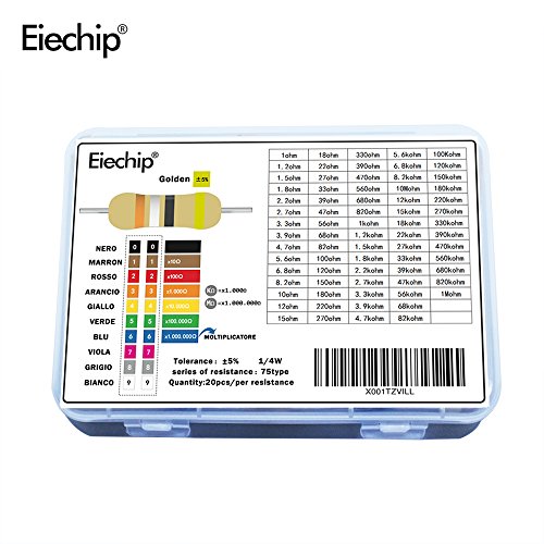 Eiechip 1500Pcs 1/4W 5% Carbon Film Resistors Assorted Kit 75 Values (1 ohm to 10M ohm)