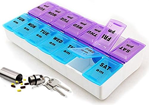 Cheenjo 7 Day Pill Box, Tablet Storage Box with Water-proof Air-tight Aluminum Alloy Pill Case Keychain Clip Lids AM/PM Medicine Organiser Box Holding Aspirin Cold Tablets Travel Dispenser