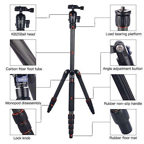 AOKA 54.7 inchs Carbon Fiber Camera Tripod Monopod with 360 Degree Ball Head 1/4 inch Quick Shoe Professional Tripod Load up to 33 pounds