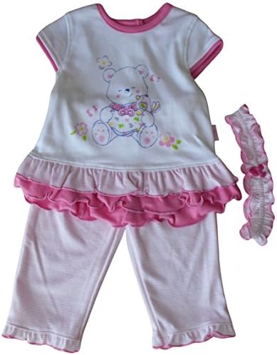 6-12 months - Baby Girls White and Pink Teddy Bear & Bird Top Striped Leggings & Headband Outfit