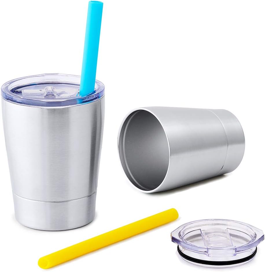 Colorful PoPo Small Cute Kids Cups 2 Pack, Stainless Steel Kid Tumbler with Lid and Straw, Double Wall Vacuum Insulated Toddler Sippy Cups, Children Smoothie Drinking Cup - Silver