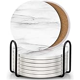 EAGMAK Set of 8 Coasters for Drinks, Absorbent Marble Style Ceramic Drink Coaster with Holder for Coffee Wooden Table Home Decor (White)