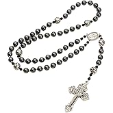 CJSIR 8mm Hematite Black Stone Beads Rosary Necklace Metal Beaded Miraculous Medal & Cross Rosary For Men and Womens
