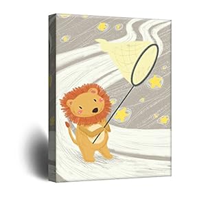 Cute Cartoon Animals A Lion Catching Stars with...
