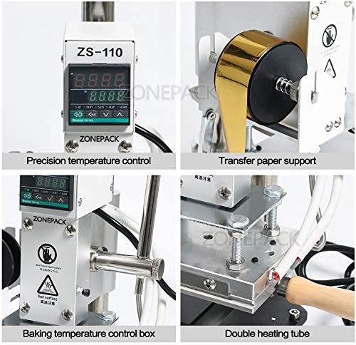 ZONEPACK Hot Foil Stamping Machine with Sliding Positioning Plate Tipper Stamper Bronzing Card Foil Custom Logo Embossing for PVC Leather PU and Paper Heat Press Branding Mask (110v)