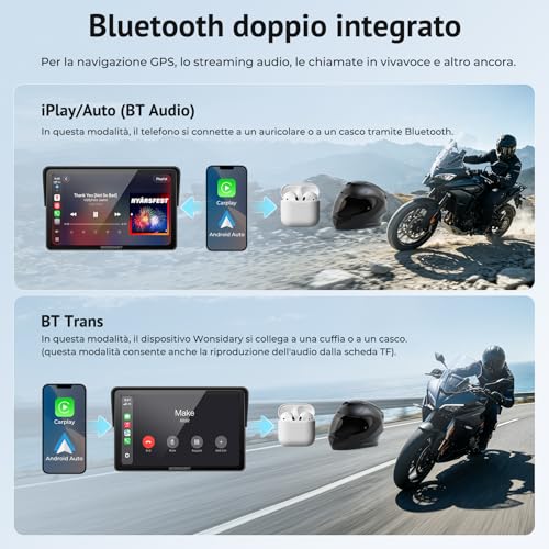 Wonsidary W722TPMS Schermo CarPlay Moto 7" Wireless con Android Auto Moto,TPMS,Display GPS Moto Impermeabile IP67,Audio Bluetooth Doppio,Controllo Vocale,EQ,Sensore di Luce,Alimentazione USB/ACC