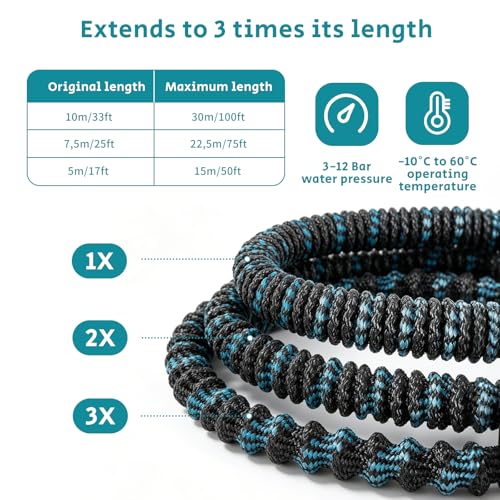 POP lina 15m Extendable Garden Water Hose with 1/2" and 3/4" Adapters with 10 Function Sprayer for Watering Irrigation Hose