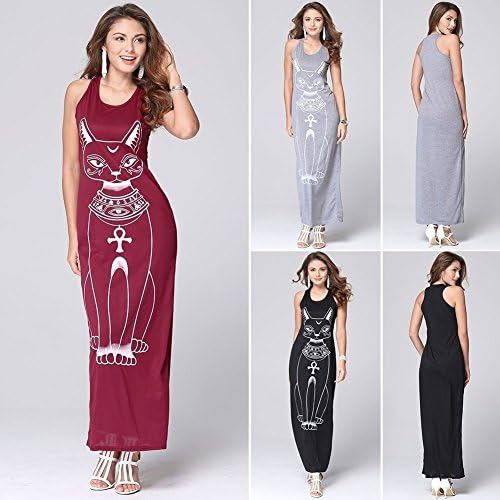 Fashion Women Sleeveless Cat Print Boho Casual Maxi Tank Dress S-2XL