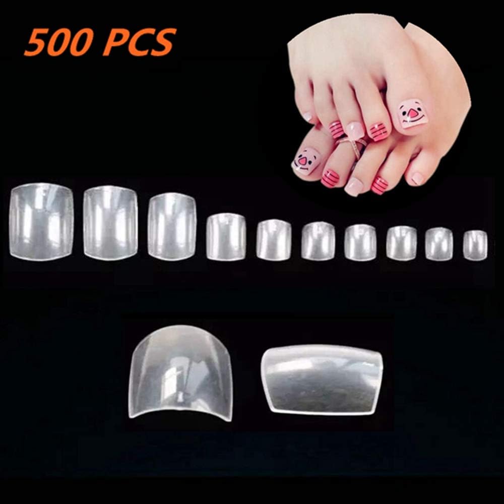 500 Full Cover Toe Nails in Pouch - Natural Transparent French Fake ToeNails For Foot Classic Nude Fashion Toe Tips False Toes