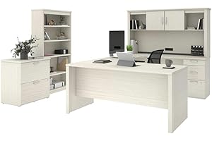 Bestar Logan U-Shaped Desk with Hutch, Lateral File Cabinet, and Bookcase, 66W, White Chocolate