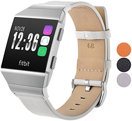 For Fitbit Ionic Replacement Bands, Men Classic Genuine Leather Wristband with Metal Connectors by Kanteband, Fitness Large Strap for Fit-bit Smart Watch (Grey+Silver Connector)