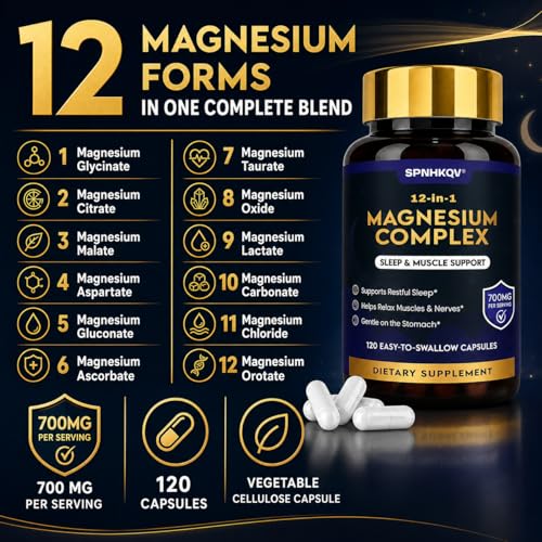 Spnhkov Suplemento Complejo de Magnesio 12 en 1 Spnhkqv: Cápsulas de Glicinato de Magnesio de Alta Absorción de 700 Mg para Mujeres y Hombres, Que Favorecen los Músculos, Los Nervios y el Sueño.