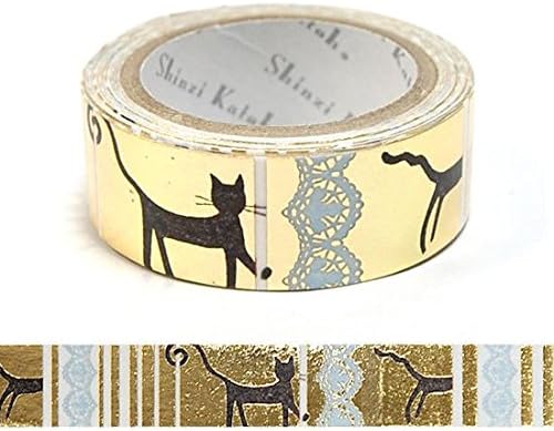 Shinzi Katoh Gold Metallic Washi Adhesive Tape with Cats, Stripes, lace Design