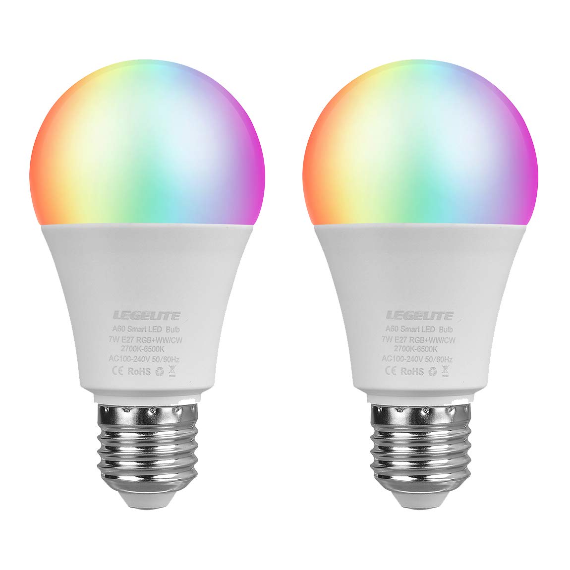 LEGELITE LED Smart Light Bulb, E27 7W WiFi Smart Bulbs 2700K to 6500K Dimmable and Color