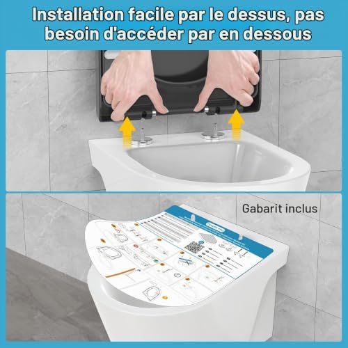 Abattant WC avec frein de chute Forme D, – Cuvette Toilette en PP avec Démontage Rapide, Patins Antidérapants et Gabarit d’installation – Silencieux et Durable, Gris 43,5 * 36,2 cm