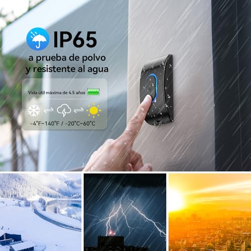 TECKNET Wireless Doorbell Outdoor Waterproof, IP65 Waterproof Doorbell 400M, 60 Melodies and 5 Volume Levels, 3 Working Modes, LED Indicator for Home, Living Room, Office - Black