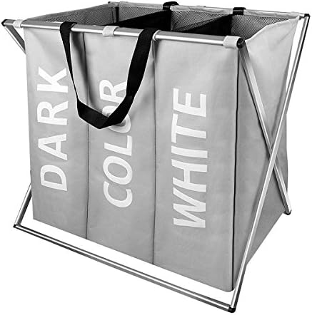 WIFUME NEW 3 Sections Laundry Hamper Basket with Handle Folding Aluminum X-frame 25" L×15" W×22" H Durable Dirty Clothes Sorter Bag for Bathroom Bedroom Home Grey