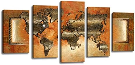 artwork Canvas Prints Map Art, 5 Panels World Map Wall Art Antiquated Style, Framed & Stretched