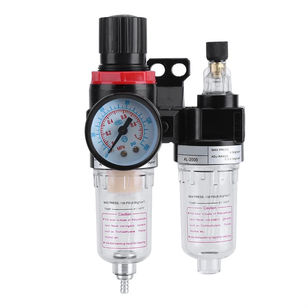 Nikou 1/4" Air Compressor, Air Filter Regulator Compressor in Line Twin Air Filter Source Treatment with Regulator Trap Lubricator Water Pressure Compressor Moisture Trap Oil Separator