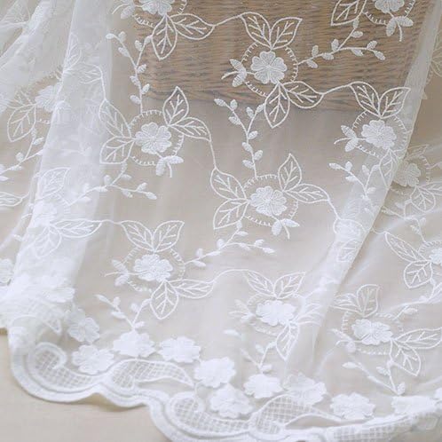 IRIZCO Floral White Mesh Embroidery Hollow Lace Fabric by the Yard