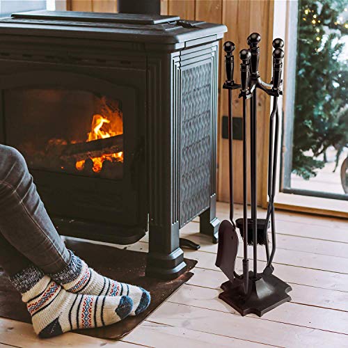 Syntrific 5 Pieces Fireplace Tool Set Black Cast Iron Fire Place Tool Set with Log Holder Fire Pit Stand Rustic Tongs Shovel Antique Broom Chimney Poker Wood Stove Hearth Accessories Set (Renewed)