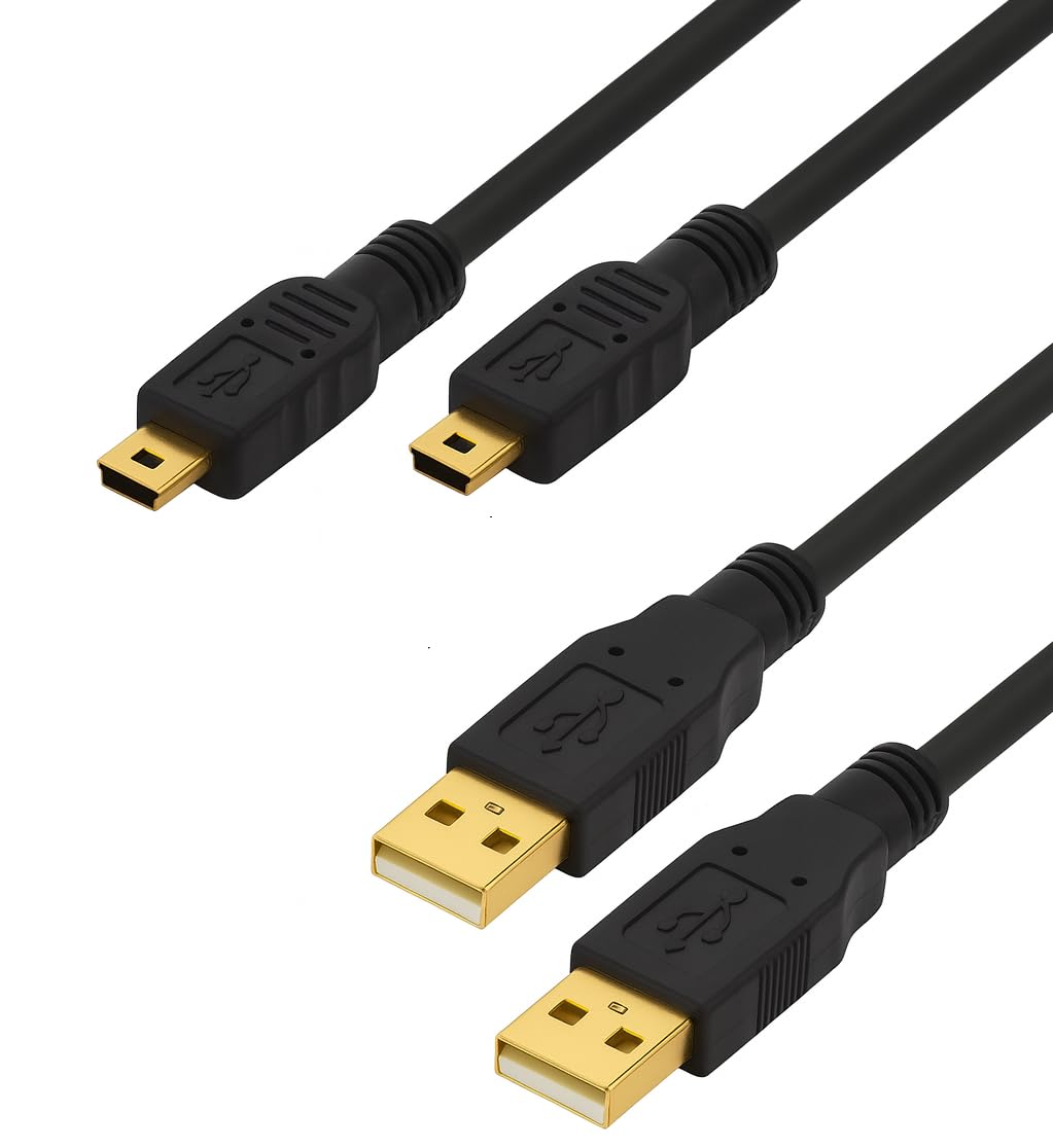 Mini USB Cable 2.0 Gold - Type A to Mini B - Data Sync & Charging - Compatible with Hero 2/3/4, PS3 Controller, MP3 Players, Dash Cam, Nikon, SatNav, Camera and more - 3M / 9.8ft - [2-Pack]