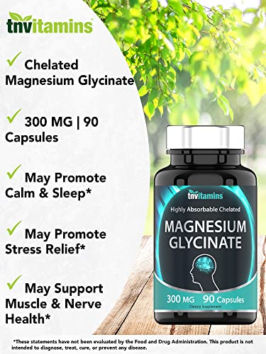 tnvitamins Magnesium Glycinate 300mg, 90 Capsules | High Absorption Chelated Magnesium for Sleep, Calm & Muscle Support* | Non-GMO, Gentle, Non-Laxative | TNVitamins